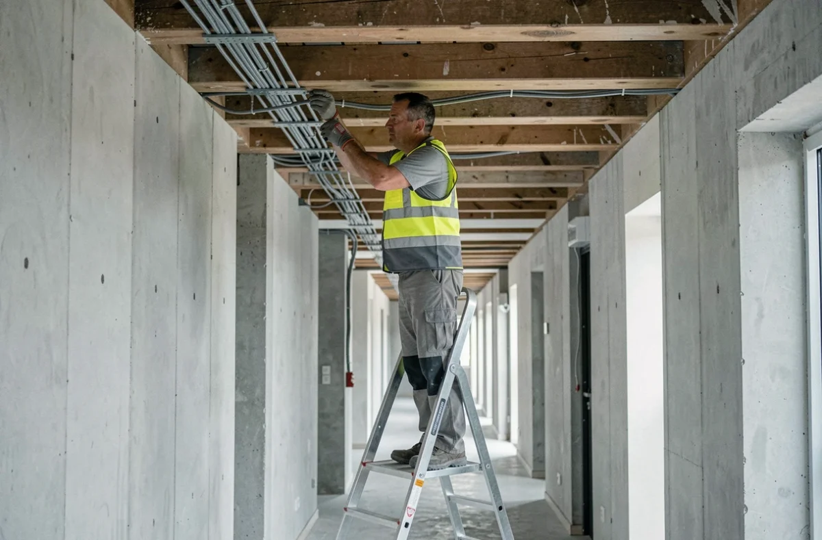 Électricien d'Electricité Générale Poipy installant des câbles en hauteur dans un bâtiment commercial