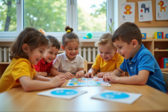 Groupe d'enfants de maternelle jouant avec un puzzle éducatif