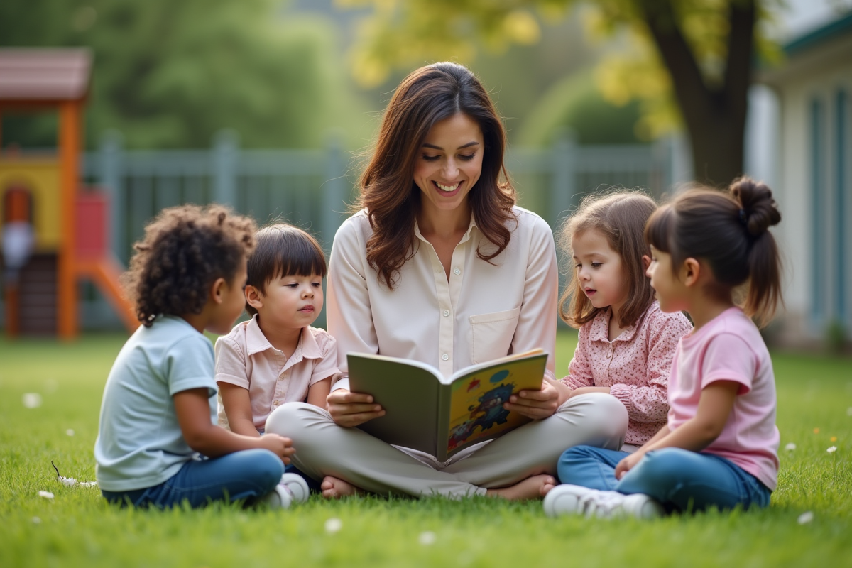 Enseignante lisant un livre à des enfants dans la cour