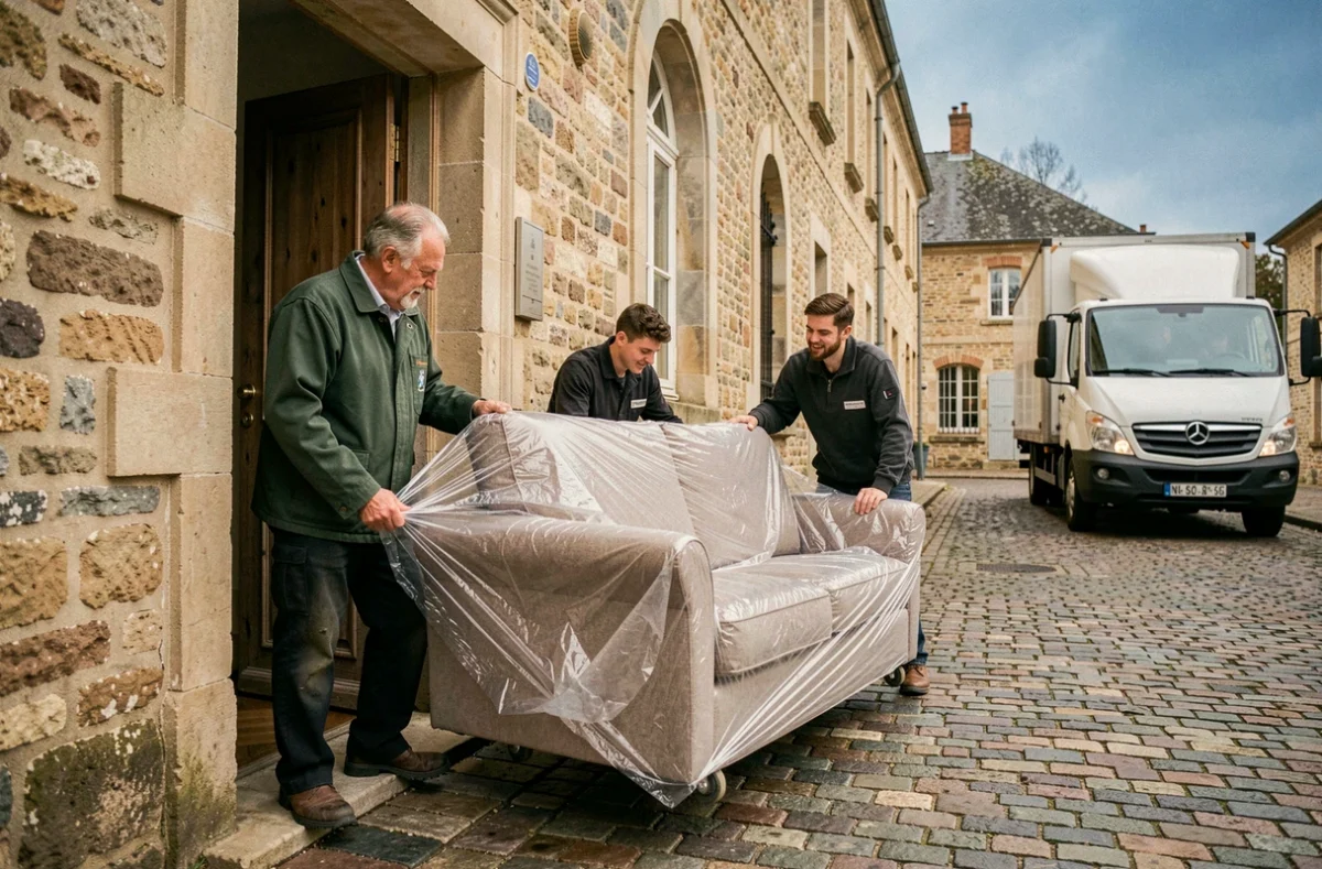 Équipe de l'entreprise Georges Taurisson manœuvrant un canapé emballé à travers la porte d'une maison en pierre
