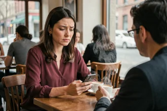 Femme mal à l'aise lors d'un rendez-vous dans un café, illustrant les erreurs de communication dans les rencontres trans