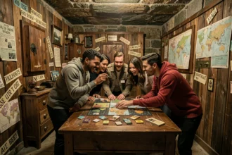 Groupe de joueurs résolvant des énigmes dans une salle d'escape game immersive dans la Vienne