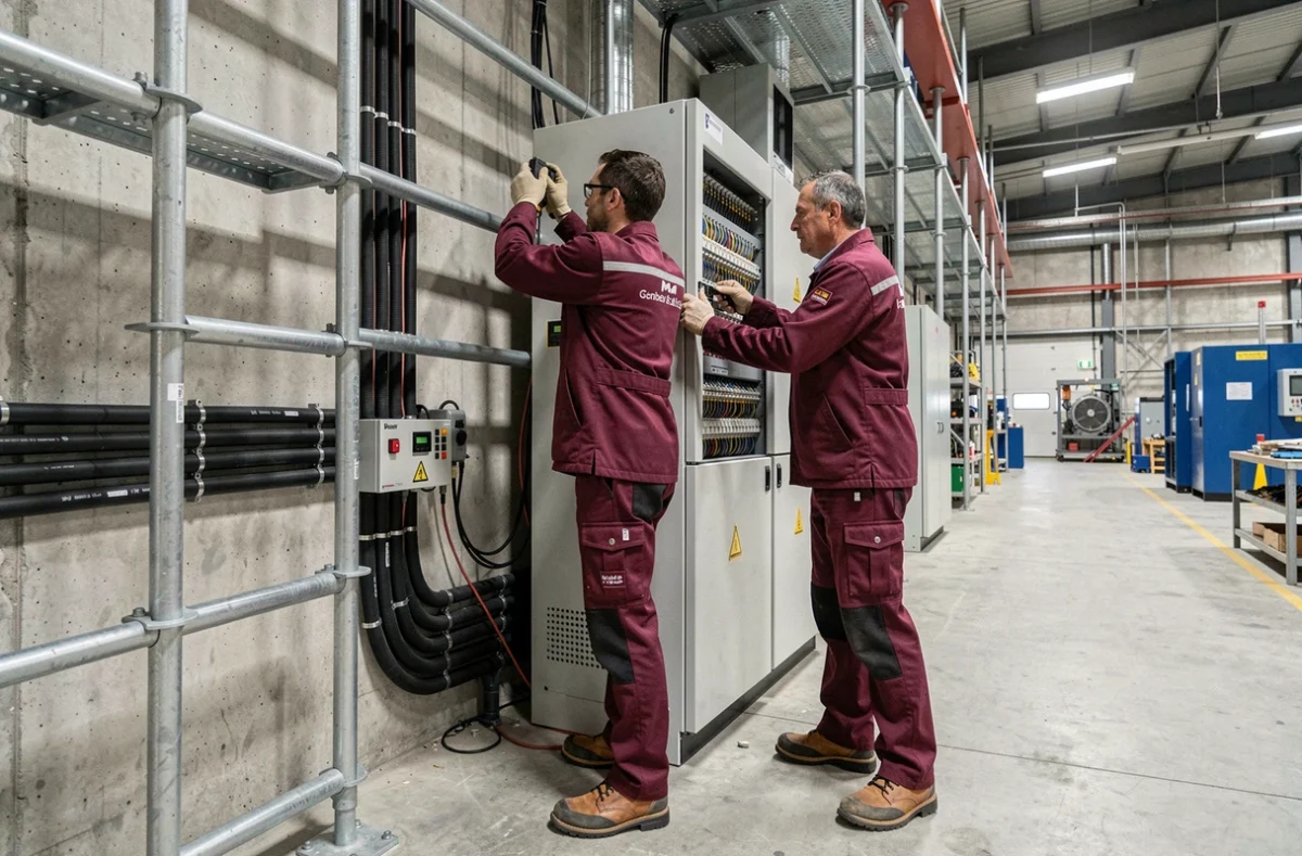Deux techniciens des Etablissements Mazet installant un tableau électrique industriel dans une usine