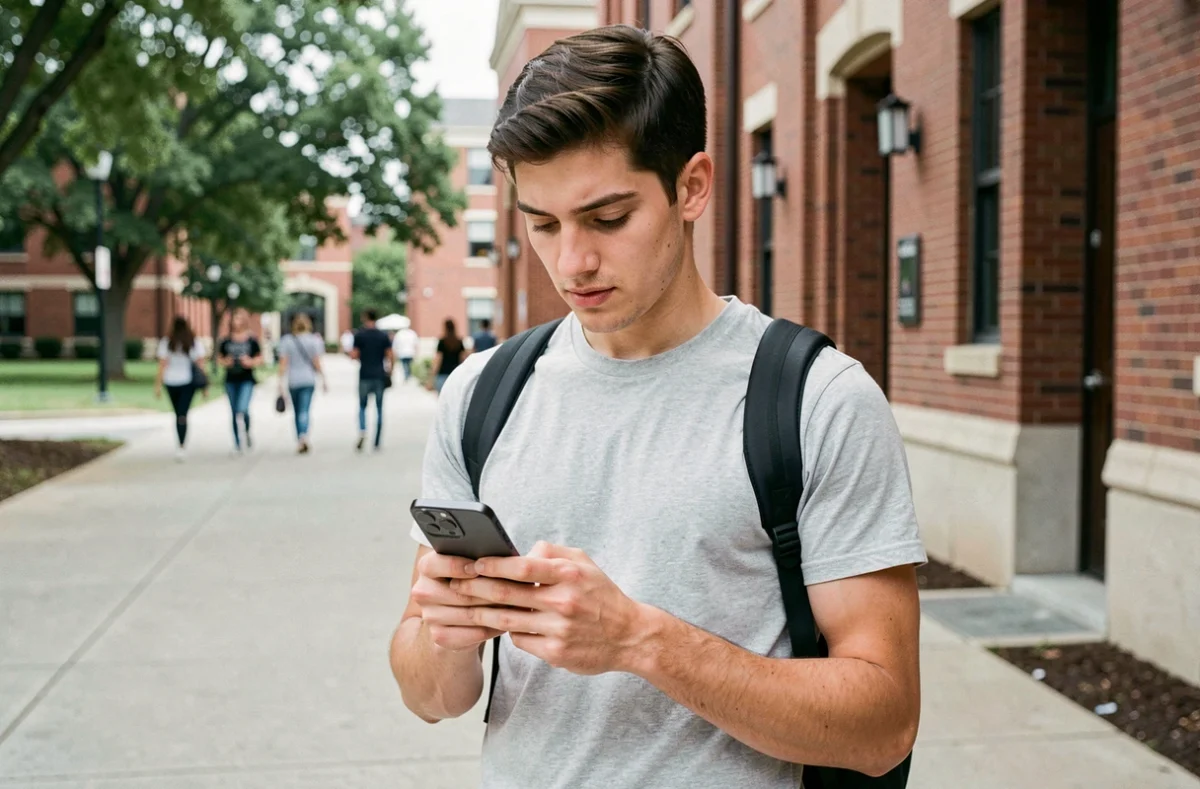 Étudiant vérifiant le prix de l'iPhone 14 sur le campus universitaire avec son téléphone en main