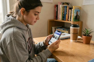 Étudiante consultant les prix de l'iPhone 14 sur son téléphone dans sa chambre universitaire
