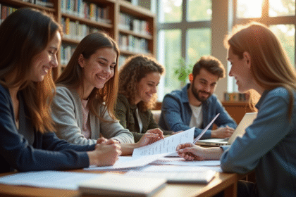 Groupe d'étudiants souriants dans une bibliothèque avec documents