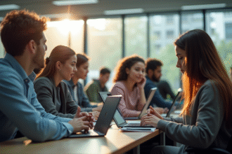 Étudiants universitaires utilisant ordinateurs dans une salle lumineuse