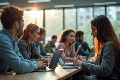 Étudiants universitaires utilisant ordinateurs dans une salle lumineuse