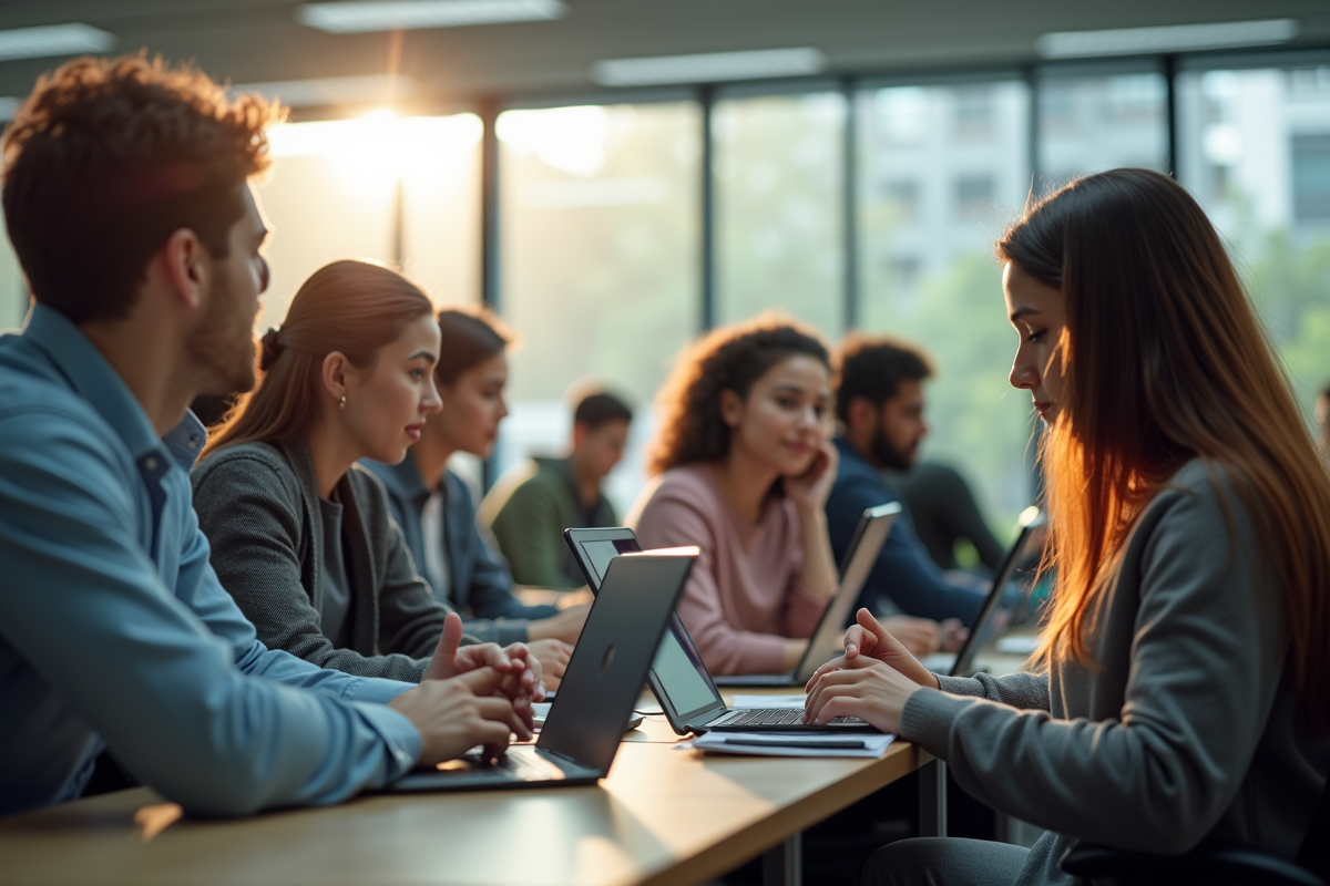 Étudiants universitaires utilisant ordinateurs dans une salle lumineuse