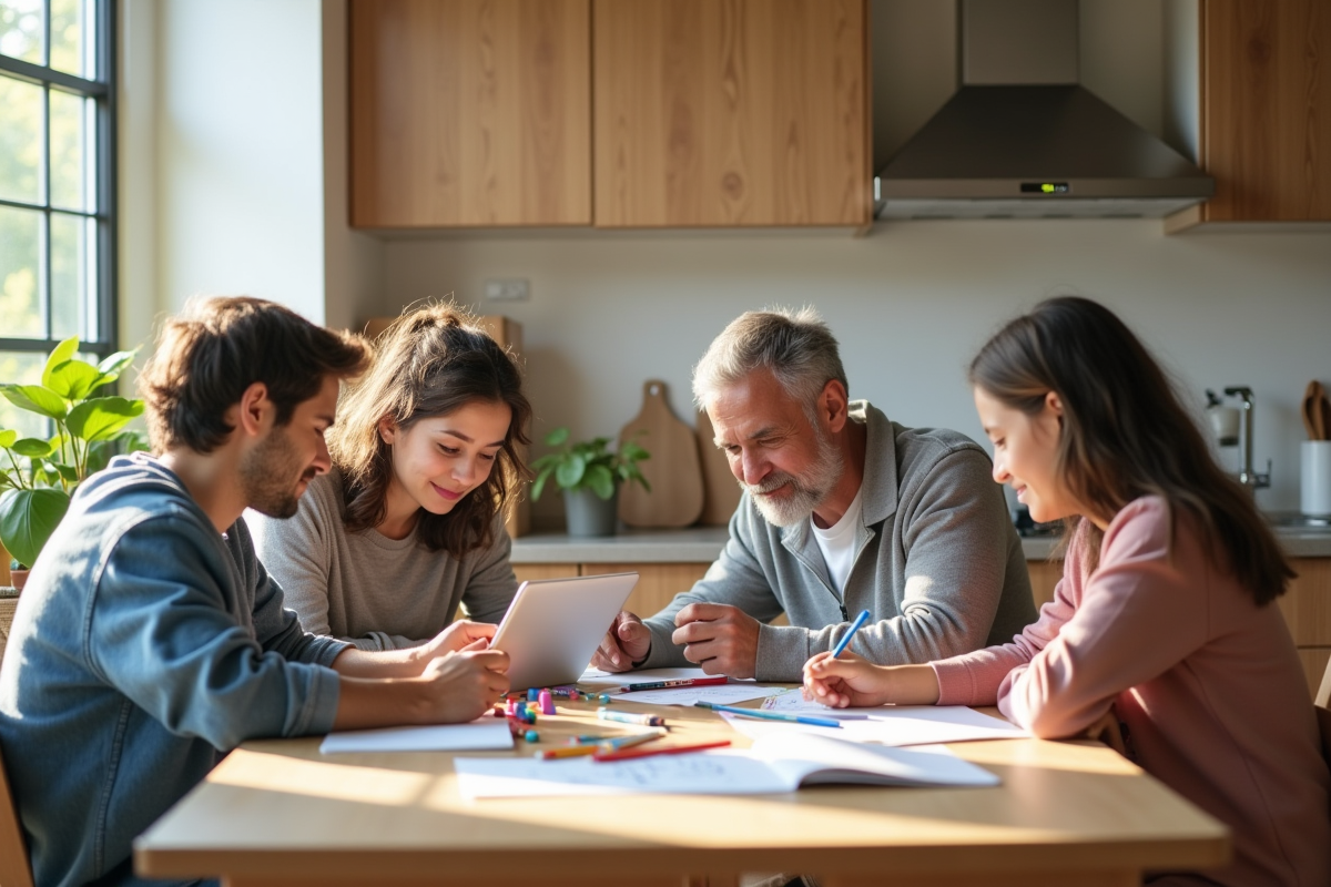 Quatre adultes autour d'une table de cuisine avec dessins enfants