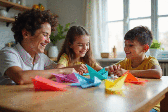 Famille heureuse pliant des avions en papier dans la cuisine