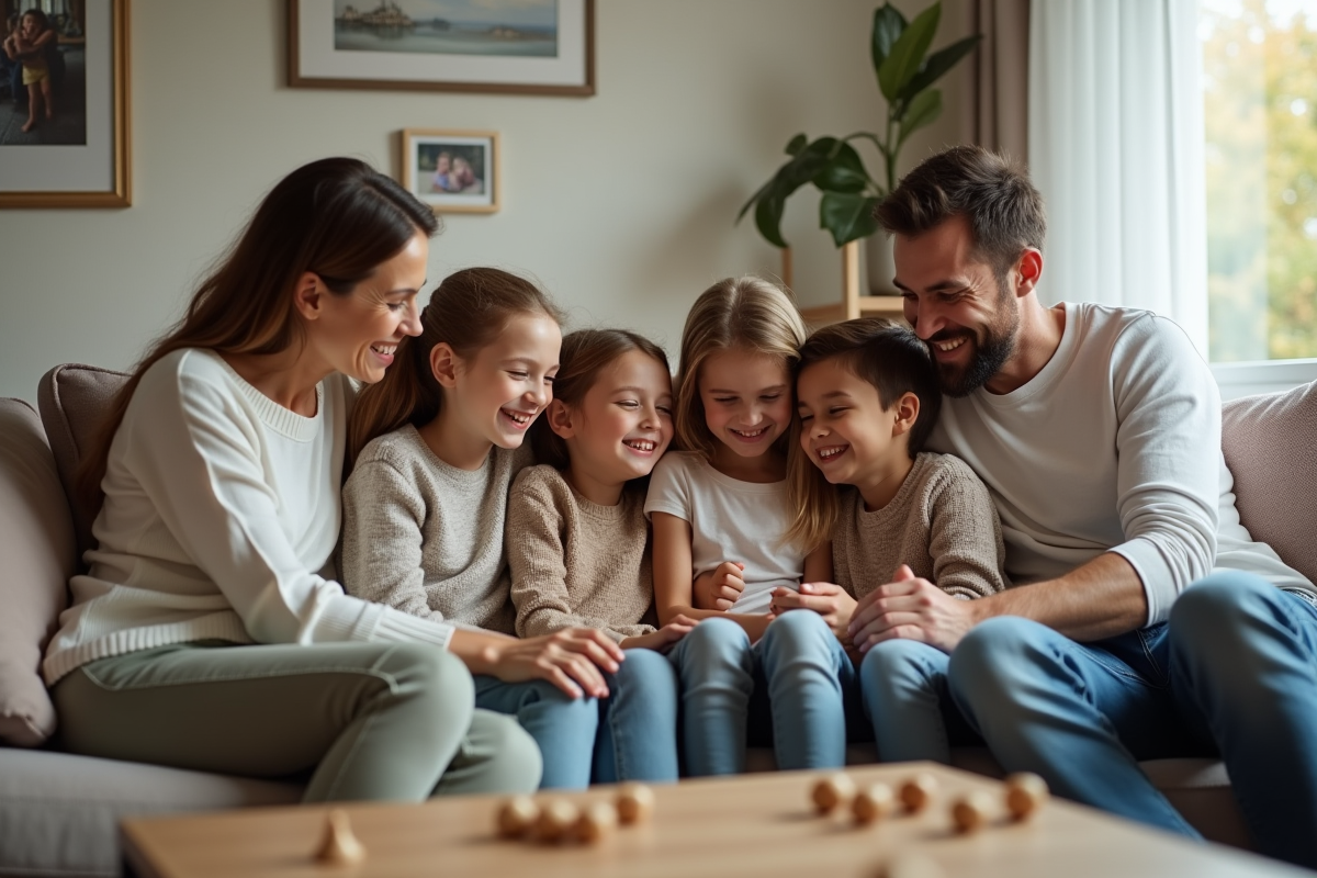 Famille recomposée jouant à un jeu de société dans le salon