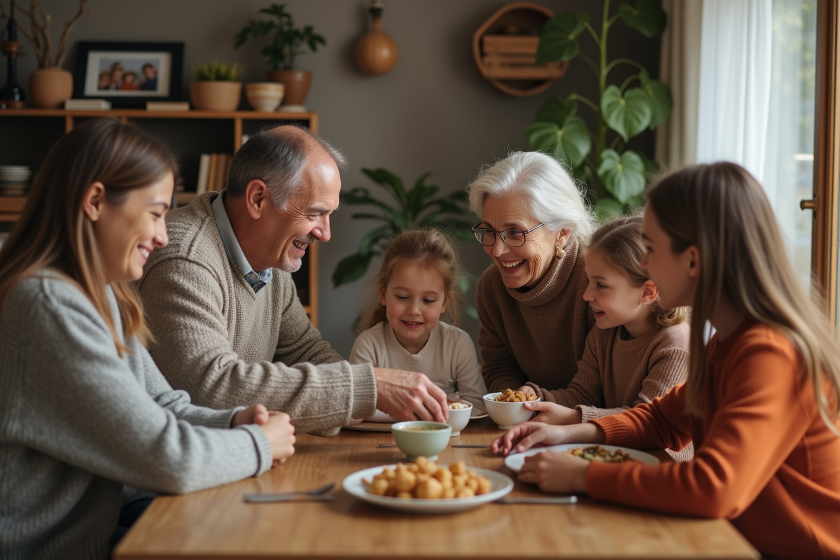 Famille multigenerational autour d'une table en bois souriante