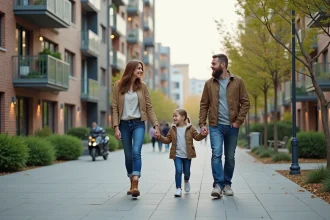 Famille souriante marchant dans une avenue urbaine au printemps