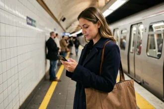 Femme consultant l'application trafic RATP sur son smartphone avant de prendre le métro à Paris