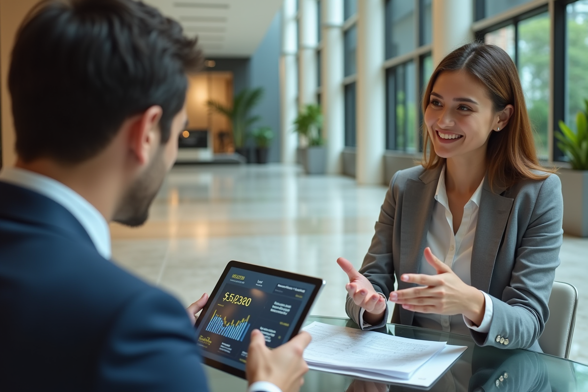 Femme discutant avec un banquier dans un lobby bancaire