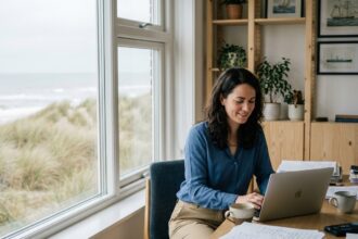 Femme au bureau face à la mer dans un intérieur moderne