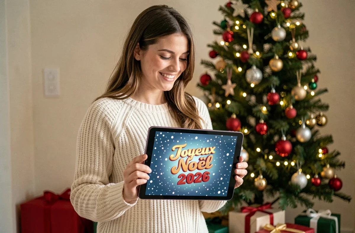 Femme tenant une tablette affichant une carte de vœux Joyeux Noël 2026 en 3D animée avec des effets de neige, devant un sapin de Noël décoré