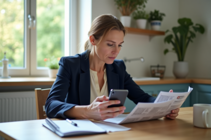 Femme d'âge moyen compare brochures et smartphone dans sa cuisine