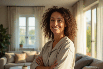 Femme confiante dans un salon lumineux et moderne