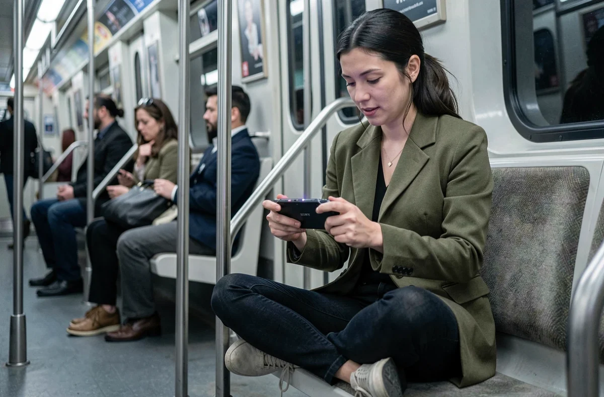 Une femme jouant à une console Sony portable dans le métro, ambiance urbaine quotidienne, passagers floutés en arrière-plan