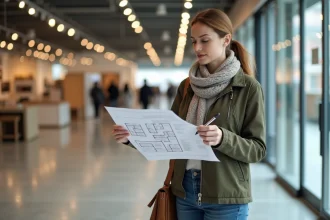 Femme avec plan et carnet devant un magasin de meubles