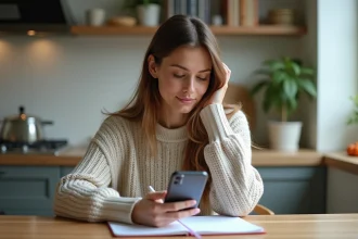 Femme assise à la cuisine avec smartphone et carnet
