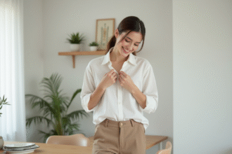 Jeune femme en blouse blanche dans un appartement lumineux