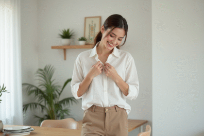 Jeune femme en blouse blanche dans un appartement lumineux