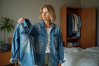 Femme réfléchissant à un vieux jean dans sa chambre