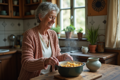 Femme âgée souriante préparant une blanquette de dinde dans la cuisine