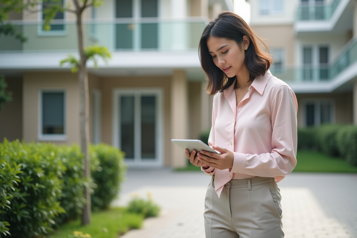 Jeune femme avec tablette devant immeuble résidentiel