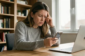 Femme frustrée regardant un numéro de téléphone inconnu sur son smartphone lors d'une recherche inversée