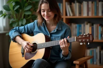 Femme jouant de la guitare acoustique dans un salon chaleureux