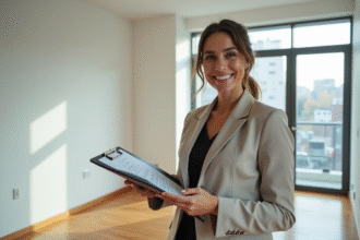 Femme en blazer tenant un dossier dans un appartement moderne