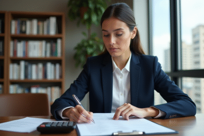 Jeune femme professionnelle examine des papiers de pret immobilier