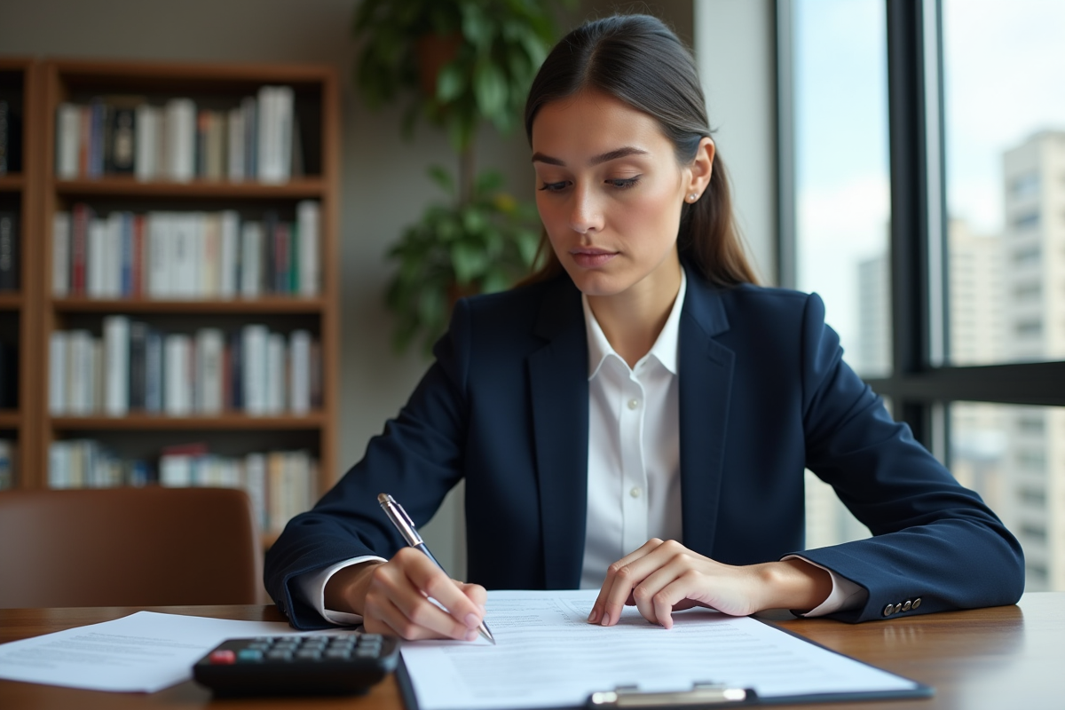 Jeune femme professionnelle examine des papiers de pret immobilier