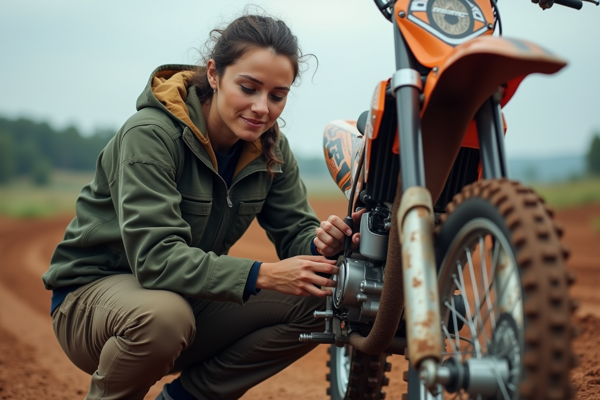 Femme inspectant un dirt bike dans un environnement rural