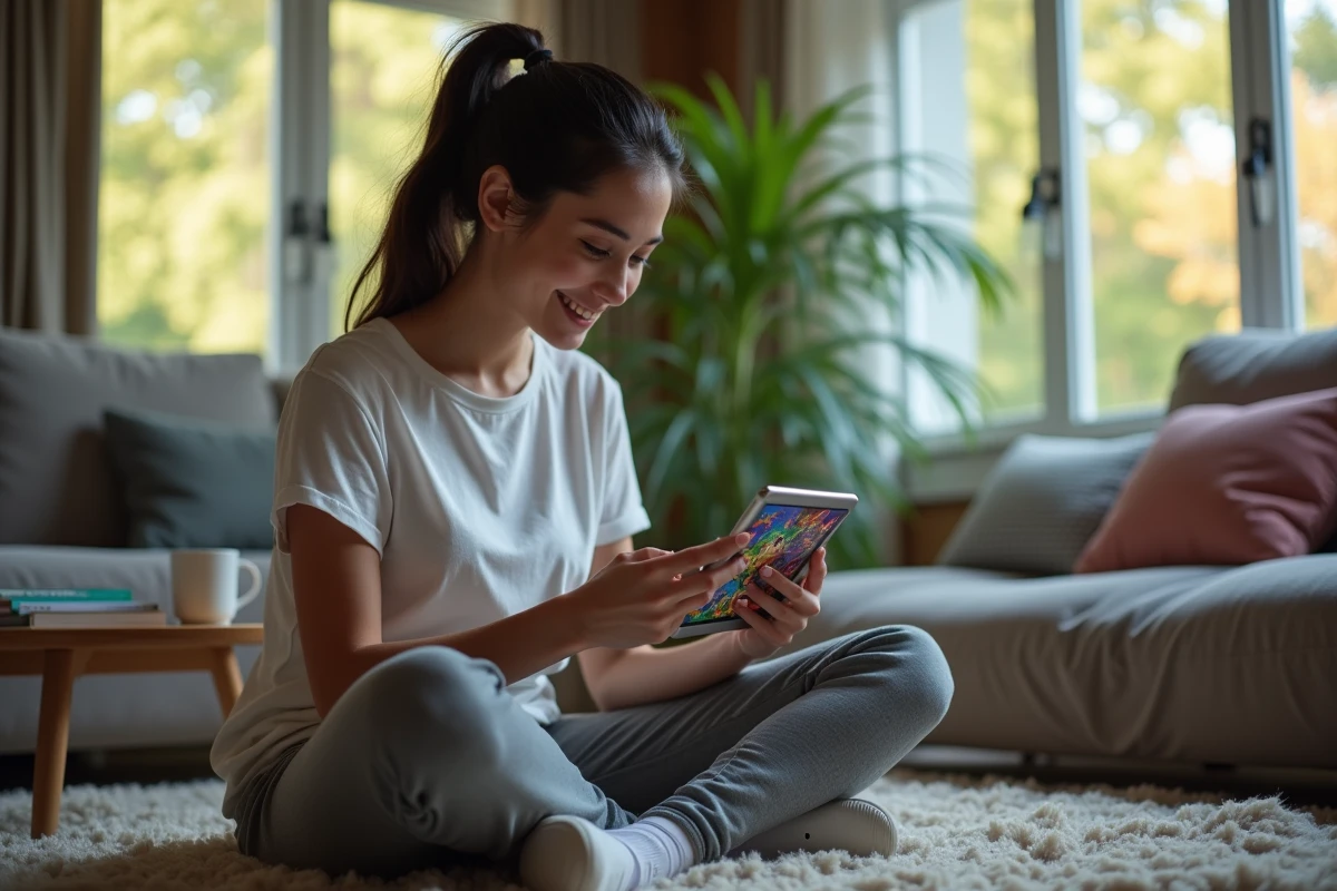 Jeune femme souriante jouant à un jeu mobile sur tablette