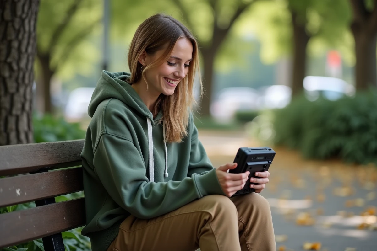 Femme joue en plein air avec une console retrogaming