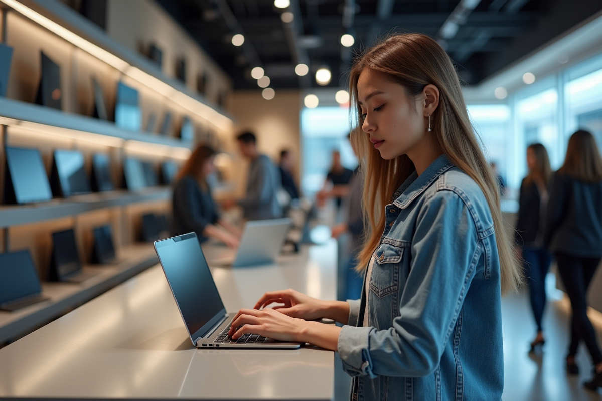 Femme examinant un ordinateur portable dans un magasin moderne