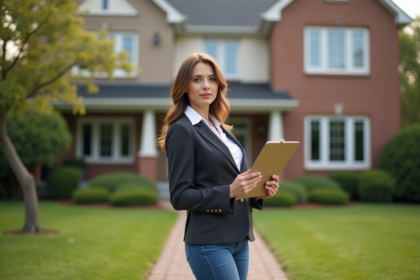 Femme en blazer devant une maison de banlieue accueillante