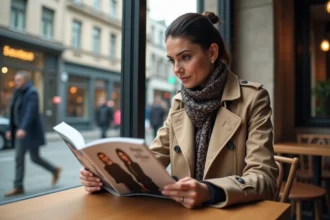 Femme élégante en trench et foulard dans un café urbain