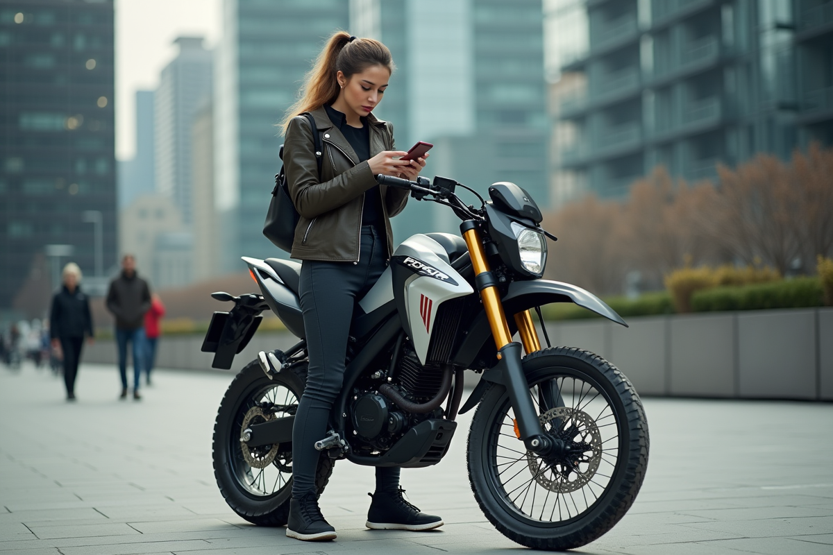Femme urbaine vérifiant son téléphone près de sa moto