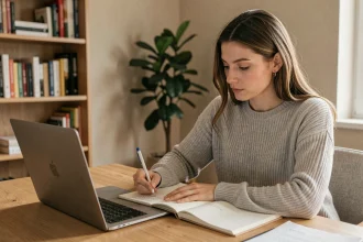 Femme prenant des notes sur un carnet devant un ordinateur portable pour mémoriser une nouvelle adresse de site web