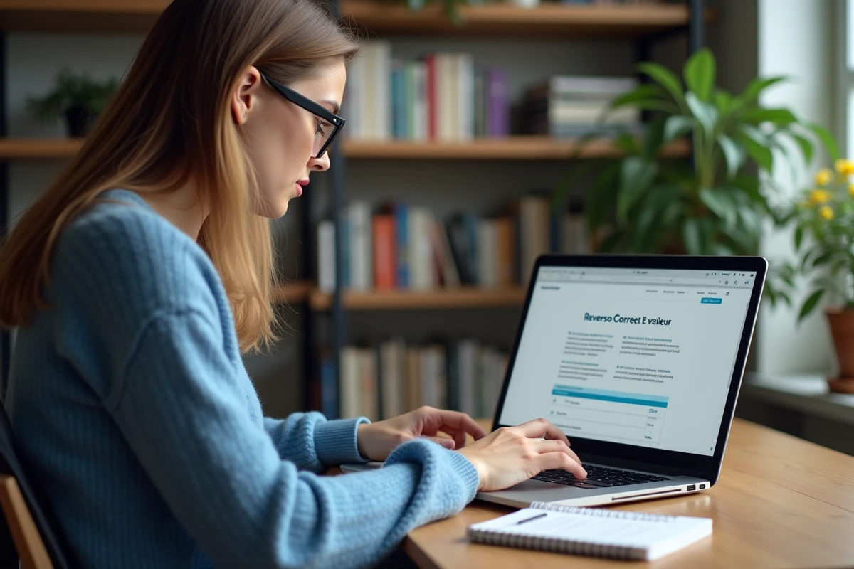 Jeune femme utilisant un ordinateur pour corriger du texte en français