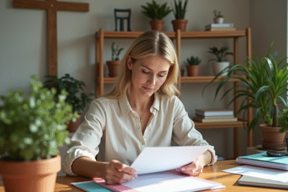 Femme d'âge moyen organisant des dossiers colorés dans un bureau lumineux