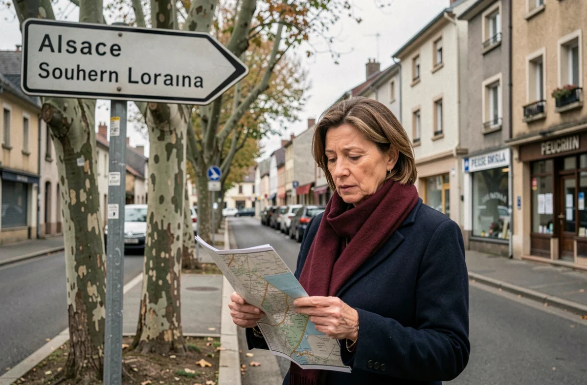 Femme consultant une carte routière devant un panneau de signalisation indiquant l'Alsace et la Lorraine du Sud à Sarralbe