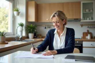 Femme en cuisine remplissant des papiers avec concentration