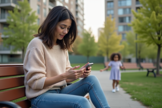 Femme assise dans un parc urbain avec sa fille jouant à côté